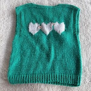 Handmade Teal Green Knit Heart Sweater Vest with Pink Bows Sleeveless Top